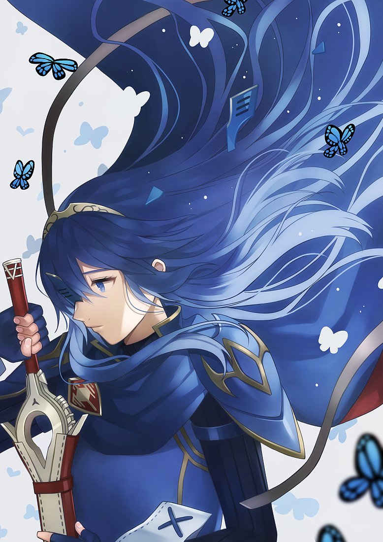 1girl aym_(ash3ash3ash) bangs blue_cape blue_eyes blue_gloves blue_hair broken_mask bug butterfly cape closed_mouth commentary english_commentary fingerless_gloves fire_emblem fire_emblem:_kakusei fire_emblem_heroes gloves hair_between_eyes holding holding_sword holding_weapon insect long_hair lucina mask mask_removed ribbed_sweater sheath shoulder_armor standing sweater sword tiara weapon