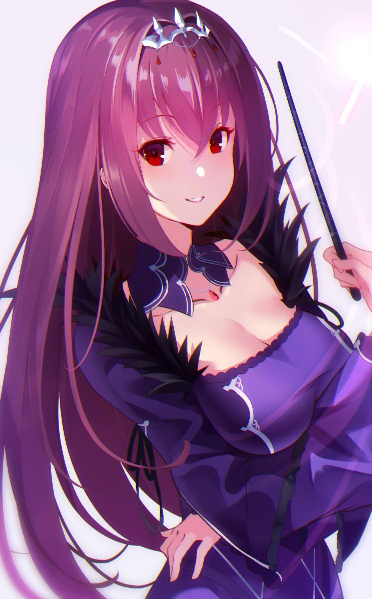 1girl bangs breasts dress fate/grand fate/grand_order fate_(series) fur_trim hair_between_eyes highres kujou_ichiso large_breasts long_hair looking_at_viewer purple_hair red_eyes scathach_(fate)_(all) scathach_skadi_(fate/grand_order) smile tiara upper_body wand