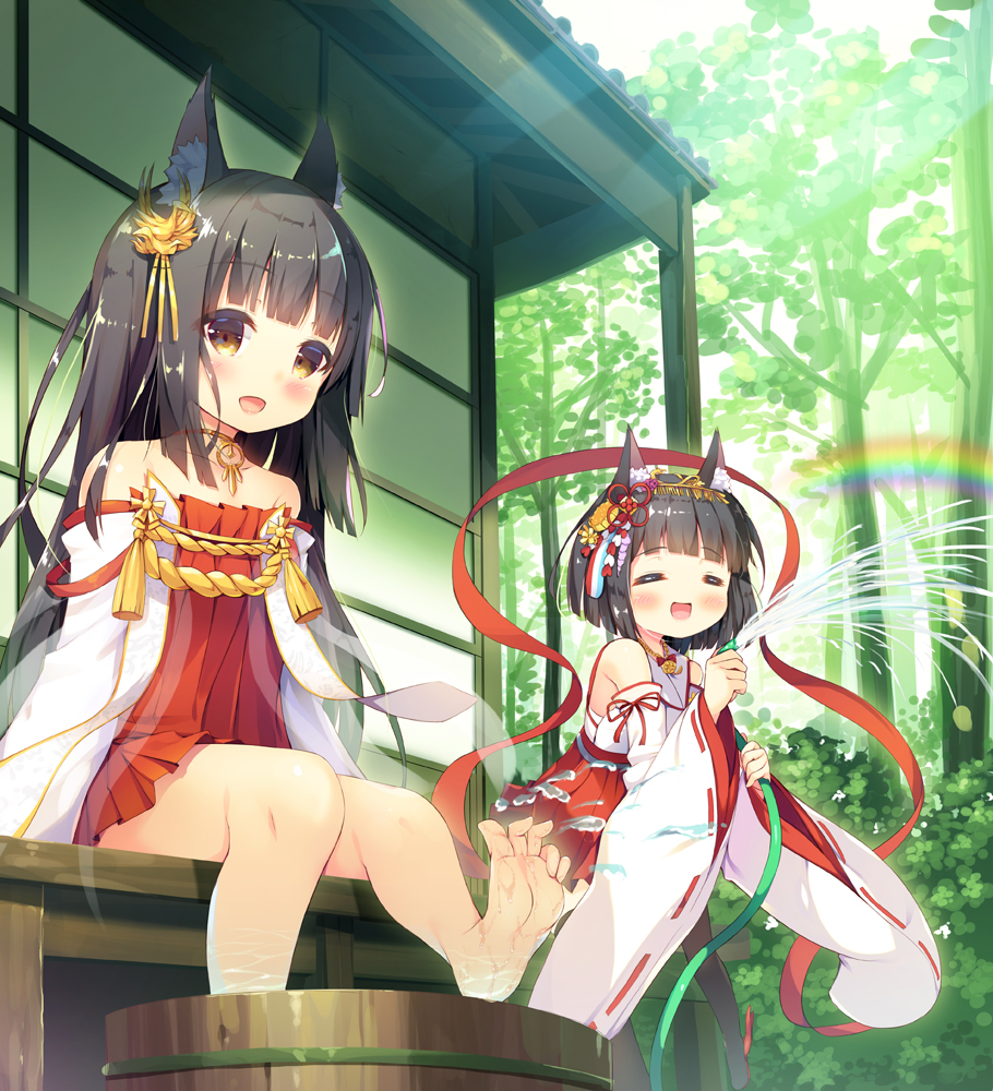 2girls :d =_= animal_ears asa_(swallowtail) azur_lane bangs black_legwear blush brown_eyes brown_hair closed_eyes collarbone commentary_request day detached_sleeves dress eyebrows_visible_through_hair forest fox_ears hair_ornament hakama holding holding_hose hose japanese_clothes kimono long_hair long_sleeves multiple_girls mutsu_(azur_lane) nagato_(azur_lane) nature nontraditional_miko open_mouth outdoors pleated_dress rainbow red_dress red_hakama ribbon-trimmed_sleeves ribbon_trim short_hair short_kimono smile standing standing_on_one_leg strapless strapless_dress thigh-highs tree very_long_hair water white_kimono wide_sleeves