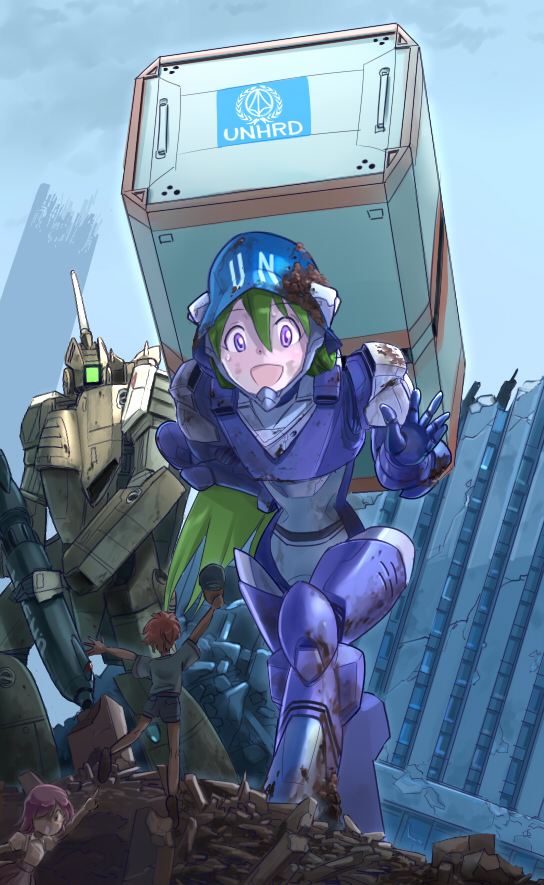 1boy 2girls armor carrying_overhead choujikuu_yousai_macross commentary commentary_request damaged dirty energy_cannon giantess green_hair gunpod helmet inui's_meltran inui_(jt1116) long_hair macross mecha meltrandi multiple_girls rescue ruins science_fiction size_difference sketch torn_clothes u.n._spacy variable_fighter vf-1 zentradi