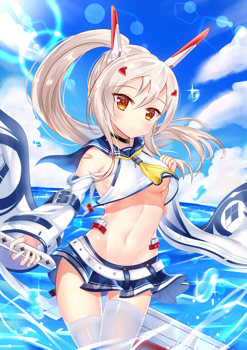 1girl ascot ayanami_(azur_lane) azur_lane bandaid_on_arm bangs blue_sailor_collar blue_skirt blue_sky blush breasts brown_eyes choker closed_mouth clouds cloudy_sky commentary_request crop_top day detached_sleeves eyebrows_visible_through_hair groin hair_between_eyes hair_ornament hand_up head_tilt headgear high_ponytail highres holding holding_sword holding_weapon horizon light_brown_hair long_sleeves midriff navel no_bra ocean outdoors pleated_skirt ponytail sailor_collar school_uniform serafuku shirt skirt sky sleeveless sleeveless_shirt sleeves_past_wrists solo ss851251 standing sword thigh-highs thighs under_boob water weapon white_legwear white_shirt wide_sleeves yellow_neckwear