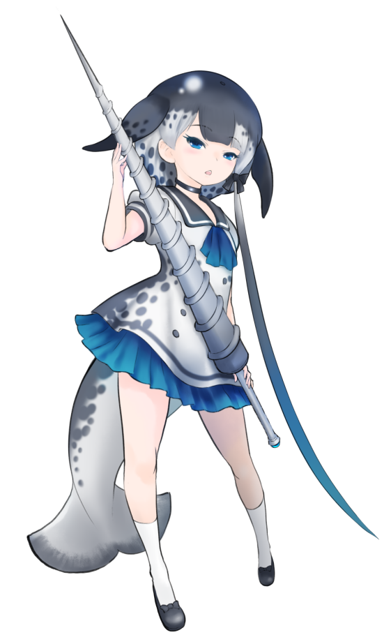 1girl ascot black_choker black_hair blue_eyes blue_neckwear choker dress drillhorn_sword eyebrows_visible_through_hair full_body grey_hair ise_(0425) kemono_friends looking_at_viewer multicolored_hair narwhal_(kemono_friends) narwhal_tail puffy_short_sleeves puffy_sleeves sailor_collar sailor_dress short_sleeves simple_background solo tail white_background