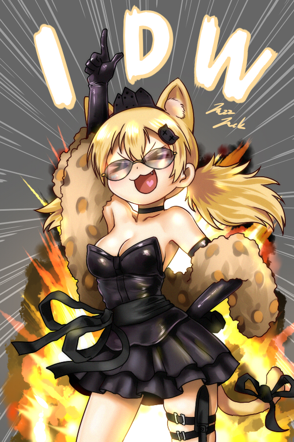 &gt;_&lt; 1girl :3 alternate_costume animal_ear_fluff animal_ears bare_shoulders black_dress black_gloves black_ribbon black_skirt blonde_hair blush cat_ears cat_tail character_name choker closed_eyes commentary cowboy_shot dress elbow_gloves emphasis_lines explosion fang girls_frontline gloves hair_between_eyes hair_ornament heart heart_in_mouth idw_(girls_frontline) index_finger_raised jazzjack low_twintails open_mouth pointing pointing_up ribbon skirt solo stole strapless strapless_dress sunglasses tail tail_ribbon thigh_strap tiara twintails