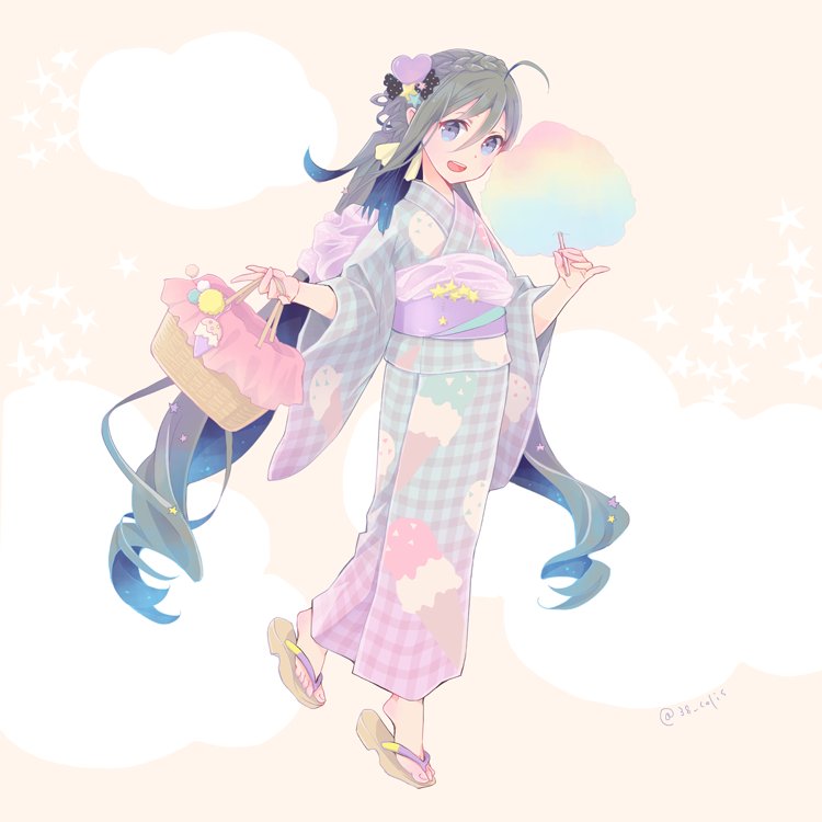 1girl ahoge bag braid checkered checkered_kimono colis cotton_candy crown_braid food_print full_body grey_eyes grey_hair hair_between_eyes hair_ornament japanese_clothes kantai_collection kimono kiyoshimo_(kantai_collection) long_hair looking_at_viewer low_twintails open_mouth sandals smile solo twintails very_long_hair yukata