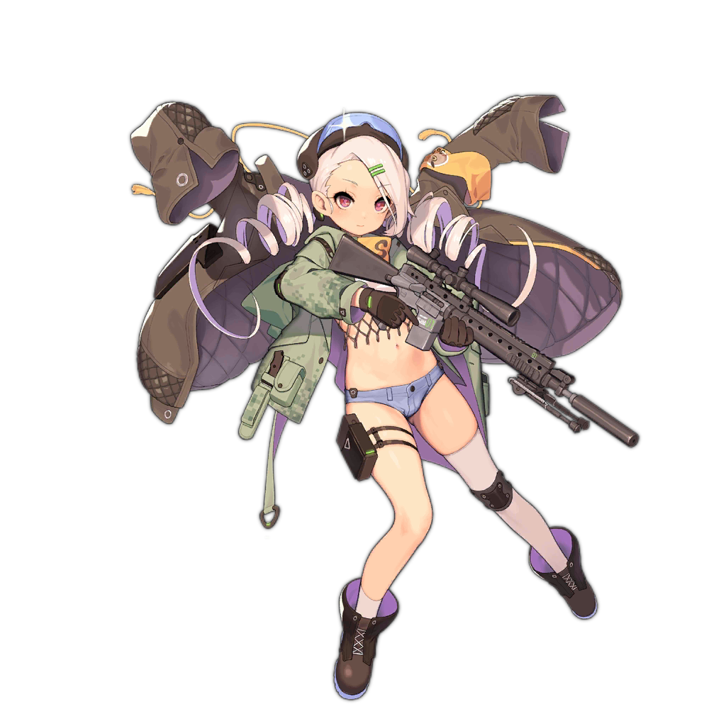 1girl armband artist_request asymmetrical_legwear denim denim_shorts digital_camouflage drill_locks girls_frontline gun helmet knee_pads knife_holster long_coat long_jacket mk_12 mk_12_(girls_frontline) navel official_art red_eyes rifle shorts sniper_rifle sniper_scope socks solo tripod weapon white_hair