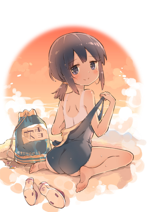ass bag black_hair blue_eyes blush breasts closed_mouth evening fubuki_(kantai_collection) full_body kantai_collection looking_at_viewer medium_hair ponytail school_swimsuit sitting small_breasts smile sodapop_(iemaki) swimsuit tan tanline twilight wariza