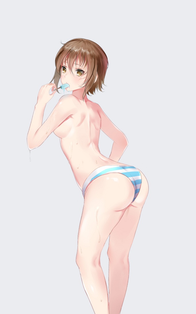 1girl ass breasts brown_eyes brown_hair cowboy_shot food grand_blue grey_background kasugano_(11955672) kotegawa_chisa looking_at_viewer panties popsicle short_hair simple_background small_breasts solo standing striped striped_panties sweat topless underwear