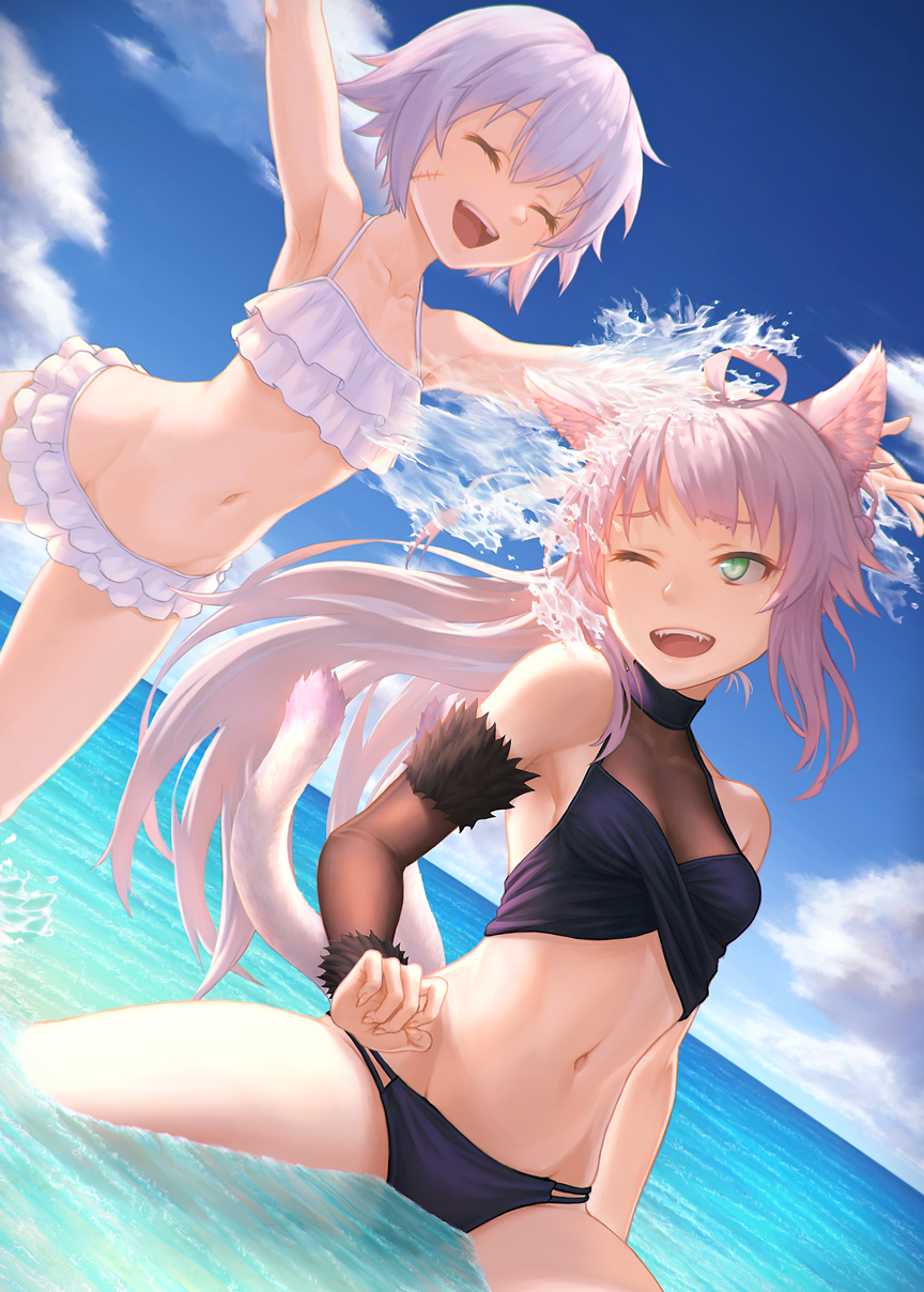 2girls ahoge animal_ears armpits arms_up atalanta_(alter)_(fate) atalanta_(fate) bangs bare_shoulders bikini cat_ears cat_girl cat_tail closed_eyes clouds commentary_request detached_sleeves dutch_angle fate/grand_order fate_(series) frilled_bikini frills fur_trim green_eyes hair_between_eyes highres jack_the_ripper_(fate/apocrypha) ju_go_(toamariitutu) long_hair multicolored_hair multiple_girls multiple_tails navel ocean one_eye_closed open_mouth outdoors scar short_hair silver_hair sitting sky splashing standing submerged swimsuit tail teeth