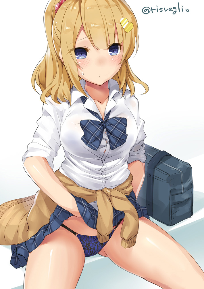 1girl astoria_(azur_lane) azur_lane bag bangs blue_bow blue_eyes blue_neckwear blue_panties blue_skirt blush bow bowtie breasts brown_hair brown_sweater closed_mouth clothes_around_waist collarbone collared_shirt commentary_request dress_shirt eyebrows_visible_through_hair eyes_visible_through_hair floral_print hair_between_eyes hair_ornament hair_scrunchie heart heart_hair_ornament long_sleeves looking_away loose_bowtie medium_breasts medium_hair panties pink_scrunchie plaid plaid_bow plaid_skirt ponytail print_panties school_bag scrunchie shiny shiny_hair shiny_skin shirt sidelocks simple_background sitting skirt skirt_lift sleeves_pushed_up solo sweatdrop sweater sweater_around_waist torimaru twitter_username underwear white_background white_shirt wing_collar