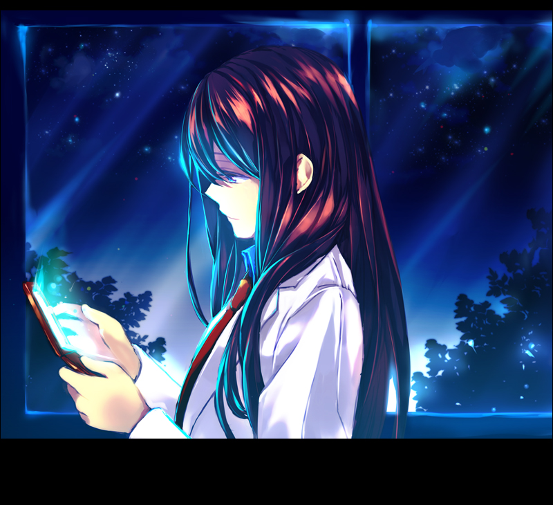 1girl blue_eyes brown_hair cellphone collared_shirt flip_phone labcoat letterboxed long_hair looking_at_phone makise_kurisu necktie night night_sky phone profile shirt sky smile solo steins;gate straight_hair sunege tree upper_body window