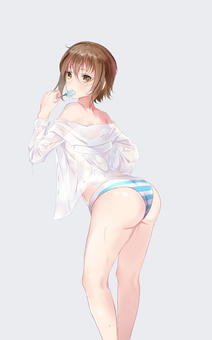 1girl ass bare_shoulders breasts brown_eyes brown_hair collared_shirt cowboy_shot food grand_blue grey_background kasugano_(11955672) kotegawa_chisa long_sleeves looking_at_viewer off_shoulder panties popsicle see-through shirt short_hair simple_background small_breasts solo standing striped striped_panties sweat underwear wet wet_clothes white_shirt