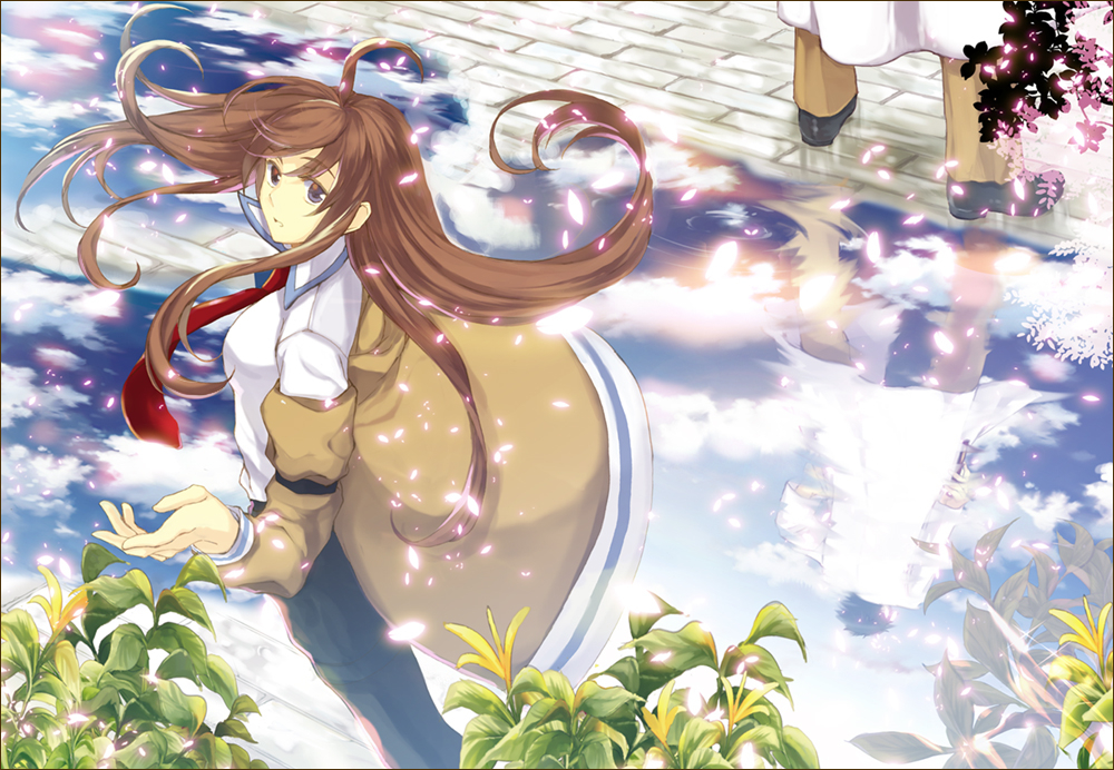 1boy 1girl breasts brown_hair clouds cloudy_sky collared_shirt jacket labcoat long_hair looking_at_viewer makise_kurisu medium_breasts necktie off_shoulder okabe_rintarou pants petals plant reflection shirt shoes sky standing steins;gate sunege violet_eyes water wind