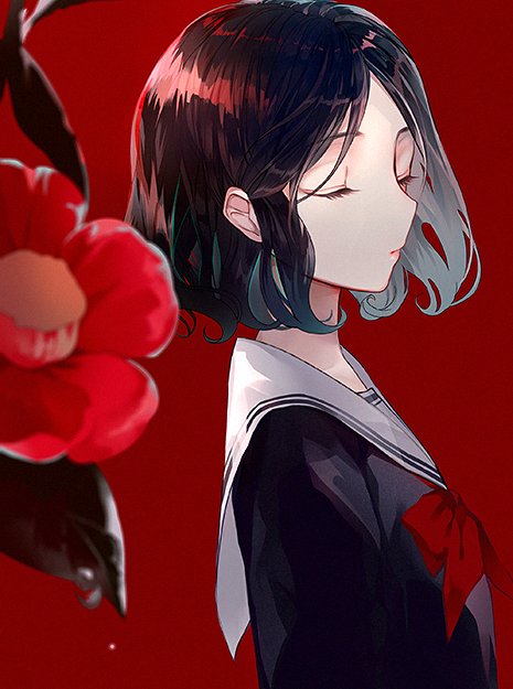 1girl bangs black_blouse black_hair blouse bow bowtie closed_eyes closed_mouth commentary_request eel flower from_side hair_over_one_eye original parted_bangs red_background red_bow red_flower red_neckwear sailor_collar school_uniform serafuku simple_background solo tlla white_sailor_collar