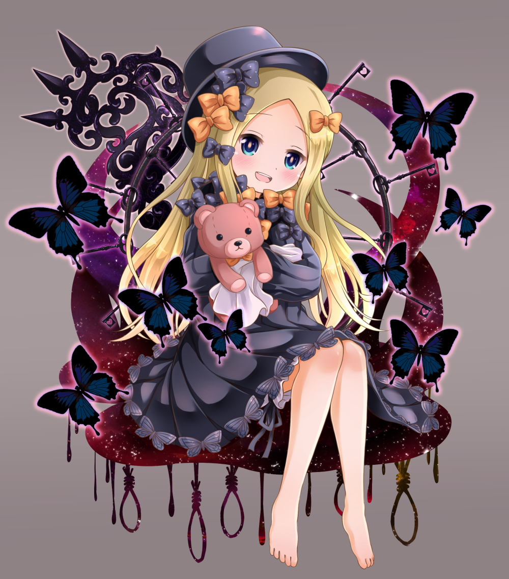 1girl :d abigail_williams_(fate/grand_order) aiura_aiu bangs barefoot black_bow black_dress black_hat blonde_hair bloomers blue_eyes blush bow brown_background bug butterfly commentary_request dress eyebrows_visible_through_hair fate/grand_order fate_(series) forehead hair_bow hat head_tilt insect long_hair long_sleeves looking_at_viewer noose object_hug open_mouth orange_bow parted_bangs polka_dot polka_dot_bow round_teeth simple_background sitting sleeves_past_fingers sleeves_past_wrists smile solo stuffed_animal stuffed_toy teddy_bear teeth underwear upper_teeth very_long_hair white_bloomers