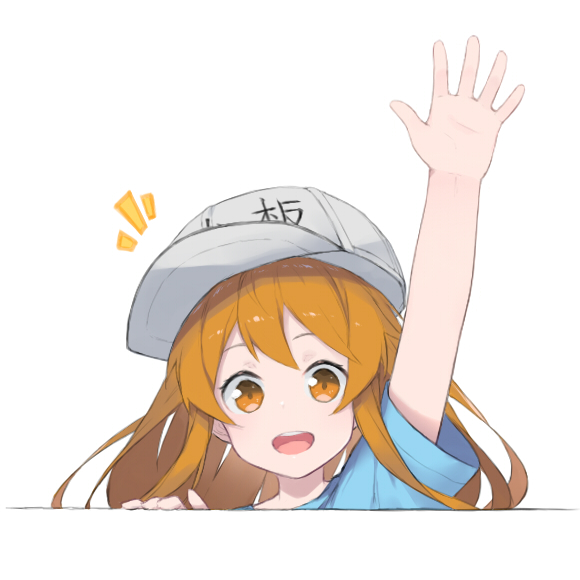 1girl :d arm_up bangs blue_shirt blush brown_eyes character_name clothes_writing commentary_request fhang flat_cap grey_hat hat hataraku_saibou head_tilt light_brown_hair notice_lines open_mouth outstretched_arm platelet_(hataraku_saibou) round_teeth shirt short_sleeves smile solo teeth upper_teeth white_background