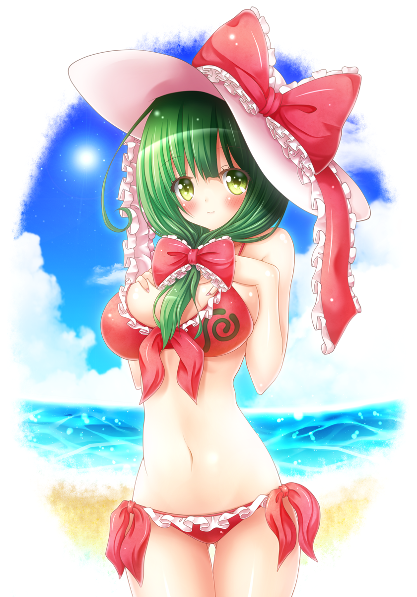 1girl adapted_costume ass_visible_through_thighs beach bikini blue_sky blush breasts clouds commentary_request day frilled_bikini frilled_ribbon frills front_ponytail green_eyes green_hair hands_on_own_chest hat hat_ribbon highres kagiyama_hina large_breasts long_hair looking_at_viewer navel osashin_(osada) outdoors red_bikini ribbon sky solo sun_hat swimsuit thigh_gap touhou water
