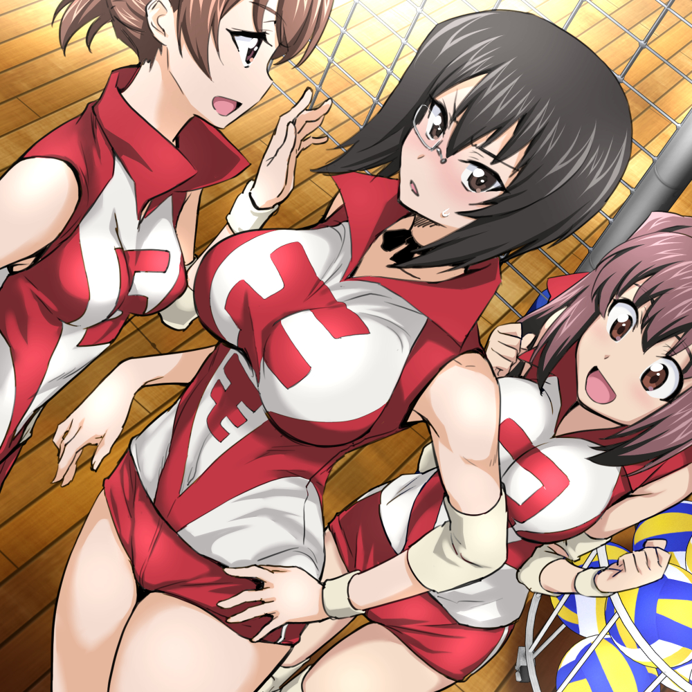 3girls alternate_costume bangs black-framed_eyewear black_choker black_eyes black_hair blush bow_choker breasts brown_eyes brown_hair character_name choker clenched_hands commentary dutch_angle elbow_pads girls_und_panzer hair_tie hand_on_hip kawanishi_shinobu kawashima_momo kondou_taeko large_breasts looking_at_another looking_at_viewer monocle multiple_girls nakahira_guy open_mouth red_headband red_shirt red_shorts semi-rimless_eyewear shirt short_hair short_ponytail short_shorts shorts silver-framed_eyewear sleeveless sleeveless_shirt smile sportswear standing sweatdrop swept_bangs under-rim_eyewear volleyball volleyball_net volleyball_uniform wooden_floor wristband