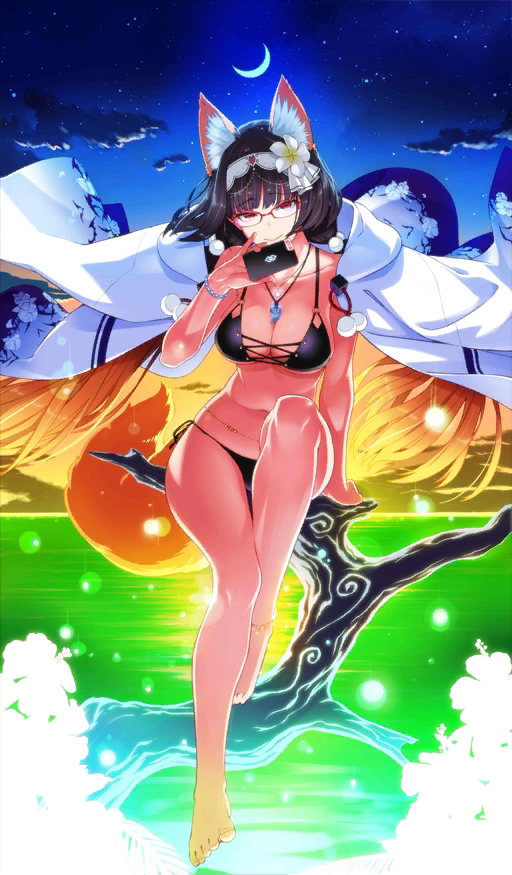 1girl animal_ears bikini black_bikini black_hair bracelet breasts brown_hair cellphone cleavage cloak commentary_request craft_essence crescent_moon fate/grand_order fate_(series) fox_ears fox_tail glasses gradient_hair hood hood_down hooded_cloak in_tree jewelry lady_foxy large_breasts long_hair looking_at_viewer magatama magatama_necklace moon multicolored_hair necklace night night_sky ocean official_art osakabe-hime_(fate/grand_order) phone shaka_p side-tie_bikini sitting sitting_in_tree sky smartphone smile solo swimsuit tail tree twintails very_long_hair violet_eyes