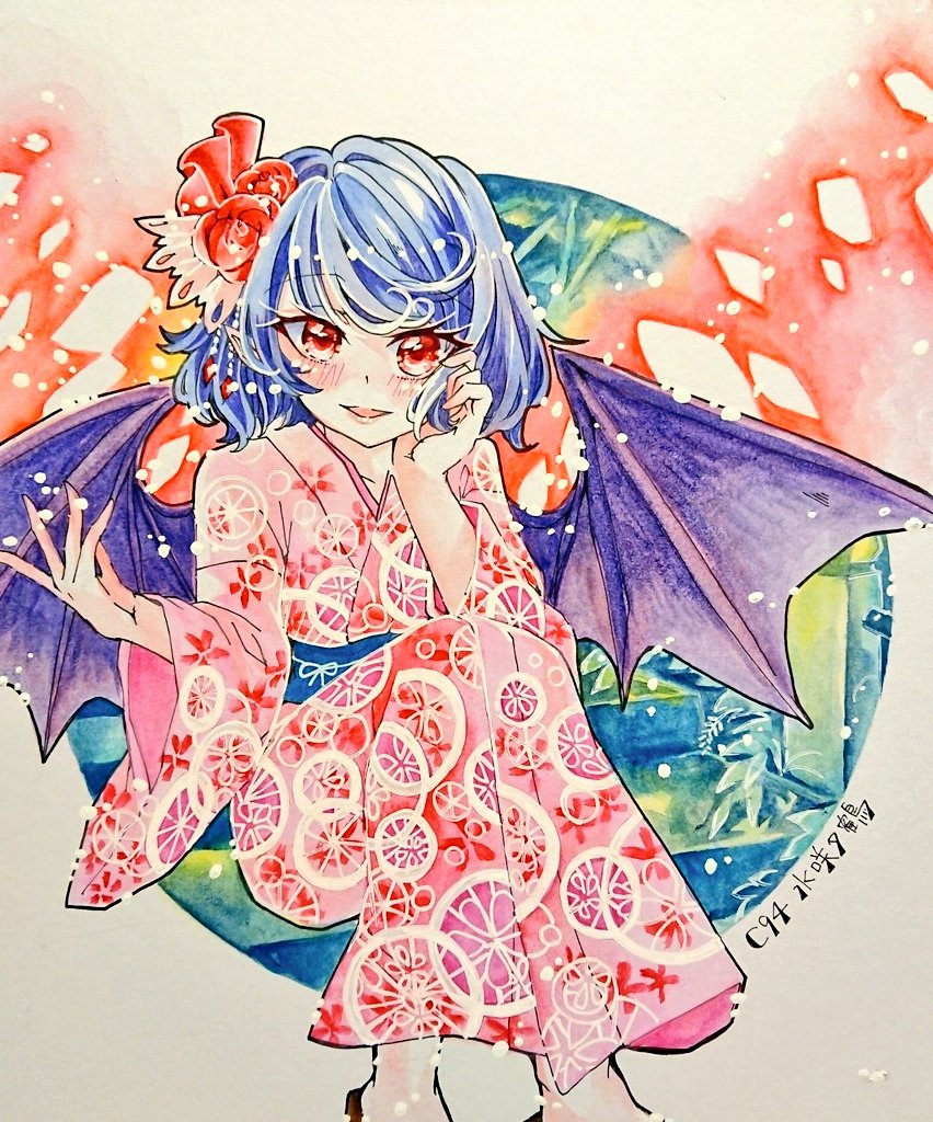 1girl bat_wings blue_hair blush chaka3464 comiket_94 feet_out_of_frame flower geta hair_flower hair_ornament hand_in_hair hand_on_own_cheek japanese_clothes kimono open_mouth plant pointy_ears red_eyes remilia_scarlet ribbon shikishi sitting smile touhou traditional_media wings