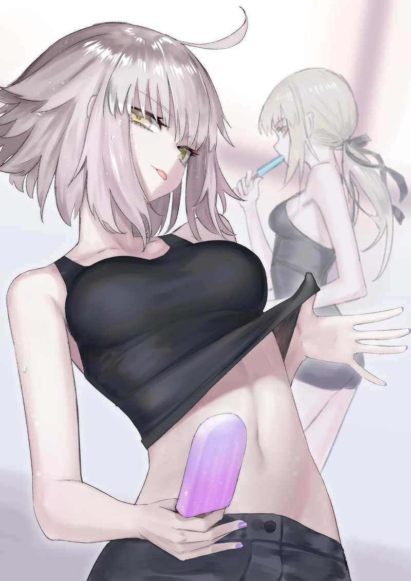 2girls :p ahoge artoria_pendragon_(all) blonde_hair blurry blurry_background breasts depth_of_field eyebrows_visible_through_hair fate/grand_order fate_(series) food hair_ribbon jeanne_d'arc_(alter)_(fate) jeanne_d'arc_(fate)_(all) long_hair looking_at_viewer low_ponytail medium_breasts medium_hair midriff mins_(minevi) multiple_girls nail_polish popsicle profile ribbon saber_alter shirt_lift short_shorts shorts sideboob silver_hair small_breasts sweat tank_top tongue tongue_out yellow_eyes