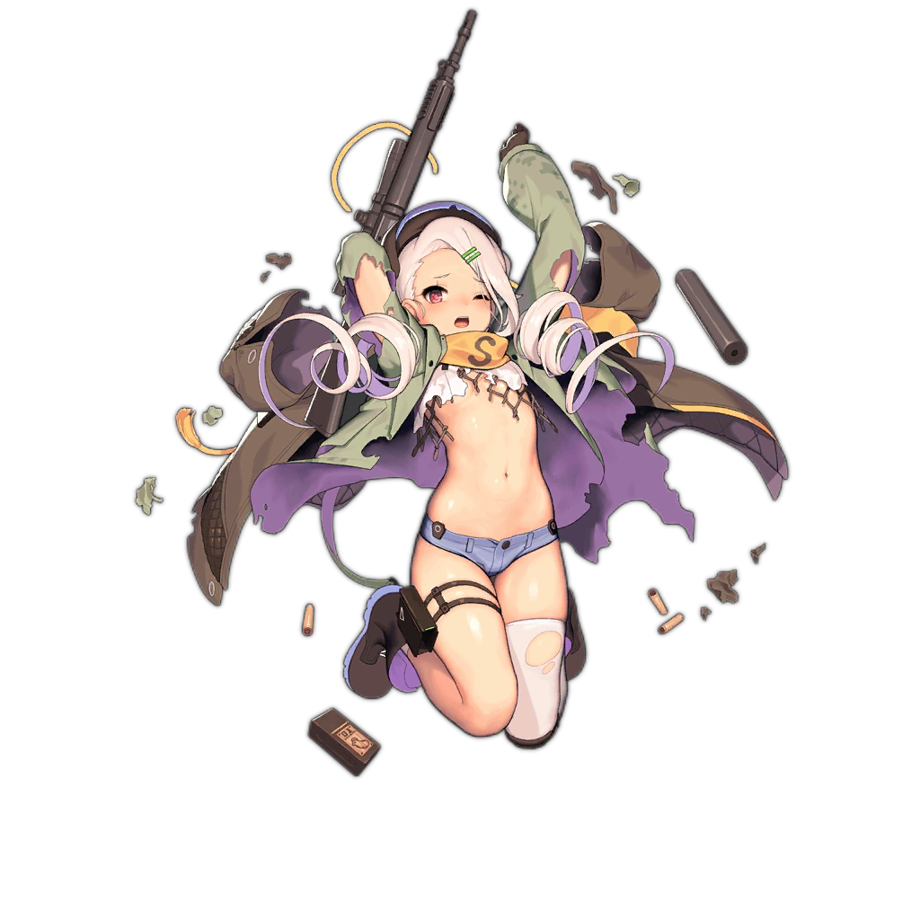 1girl abs armband artist_request asymmetrical_legwear denim denim_shorts digital_camouflage drill_locks flat_chest girls_frontline gun helmet long_coat long_jacket mk_12 mk_12_(girls_frontline) navel official_art one_eye_closed red_eyes rifle shell_casing shorts sniper_rifle socks solo suppressor torn_jacket torn_socks weapon white_hair