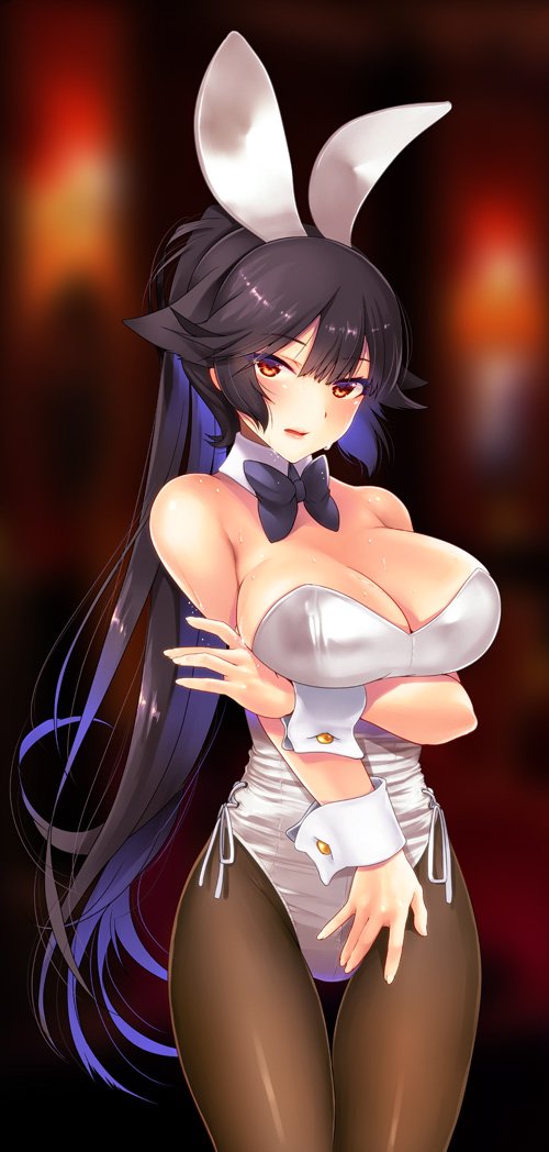 108_gou 1girl animal_ears azur_lane black_hair black_neckwear blurry bow bowtie breasts brown_eyes brown_legwear bunny_tail bunnysuit cleavage depth_of_field detached_collar hair_flaps large_breasts leotard long_hair pantyhose ponytail rabbit_ears solo strapless strapless_leotard tail takao_(azur_lane) thigh_gap white_bow white_leotard wrist_cuffs