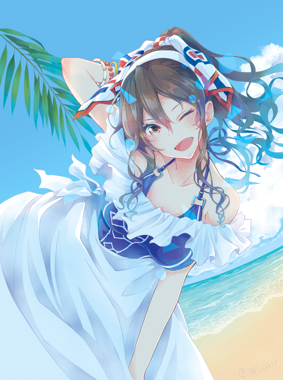 1girl :d alternate_costume alternate_hairstyle arm_behind_head ashigara_(kantai_collection) bangle bangs beach between_legs bikini bikini_under_clothes blue_bikini blue_sky blush bracelet breasts brown_eyes brown_hair cleavage clouds colis collarbone day dress fangs floating_hair hair_between_eyes hair_ornament hair_ribbon hairband hand_between_legs highres jewelry kantai_collection large_breasts leaning_forward long_hair looking_at_viewer ocean one_eye_closed open_mouth outdoors ponytail ribbon sand sidelocks sky smile solo standing sunlight swimsuit water waves wind wind_lift