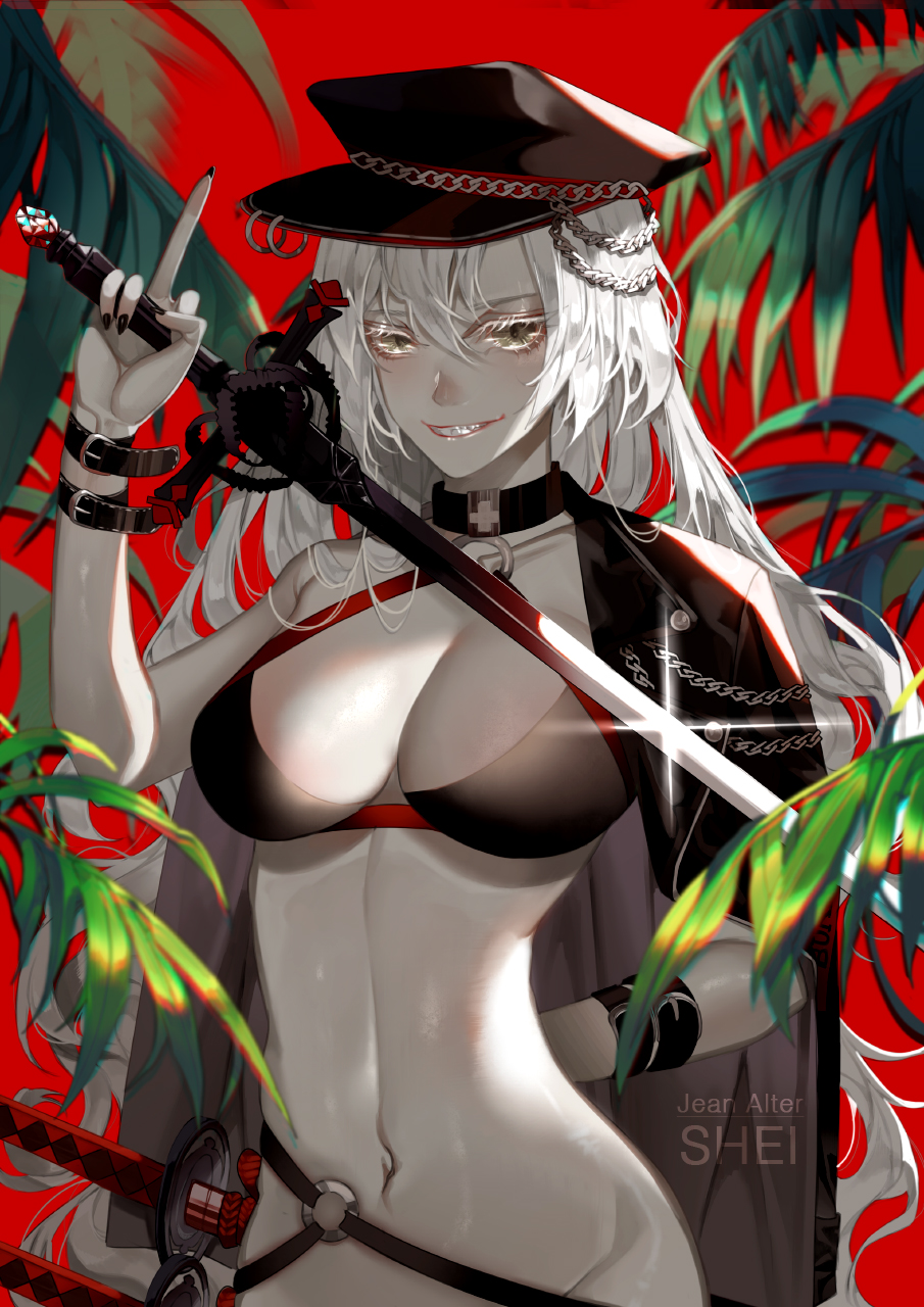 1girl arm_behind_back bikini black_bikini black_nails breasts brown_eyes cape cleavage eyelashes fate/grand_order fate_(series) grin groin hat highres holding holding_sword holding_weapon jeanne_d'arc_(alter_swimsuit_berserker) katana long_hair looking_at_viewer middle_finger nail_polish navel pale_skin sheath sheathed shei99 smile swimsuit sword very_long_hair weapon white_hair