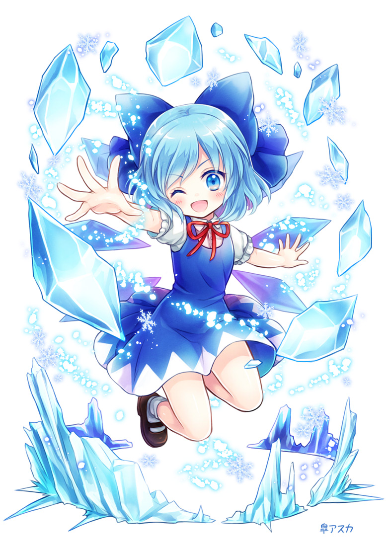 1girl bare_legs blue_eyes blue_hair bow cannan cirno hair_bow ice ice_crystal ice_wings mary_janes midair multicolored multicolored_clothes multicolored_skirt one_eye_closed open_mouth shoes skirt smile socks touhou wings