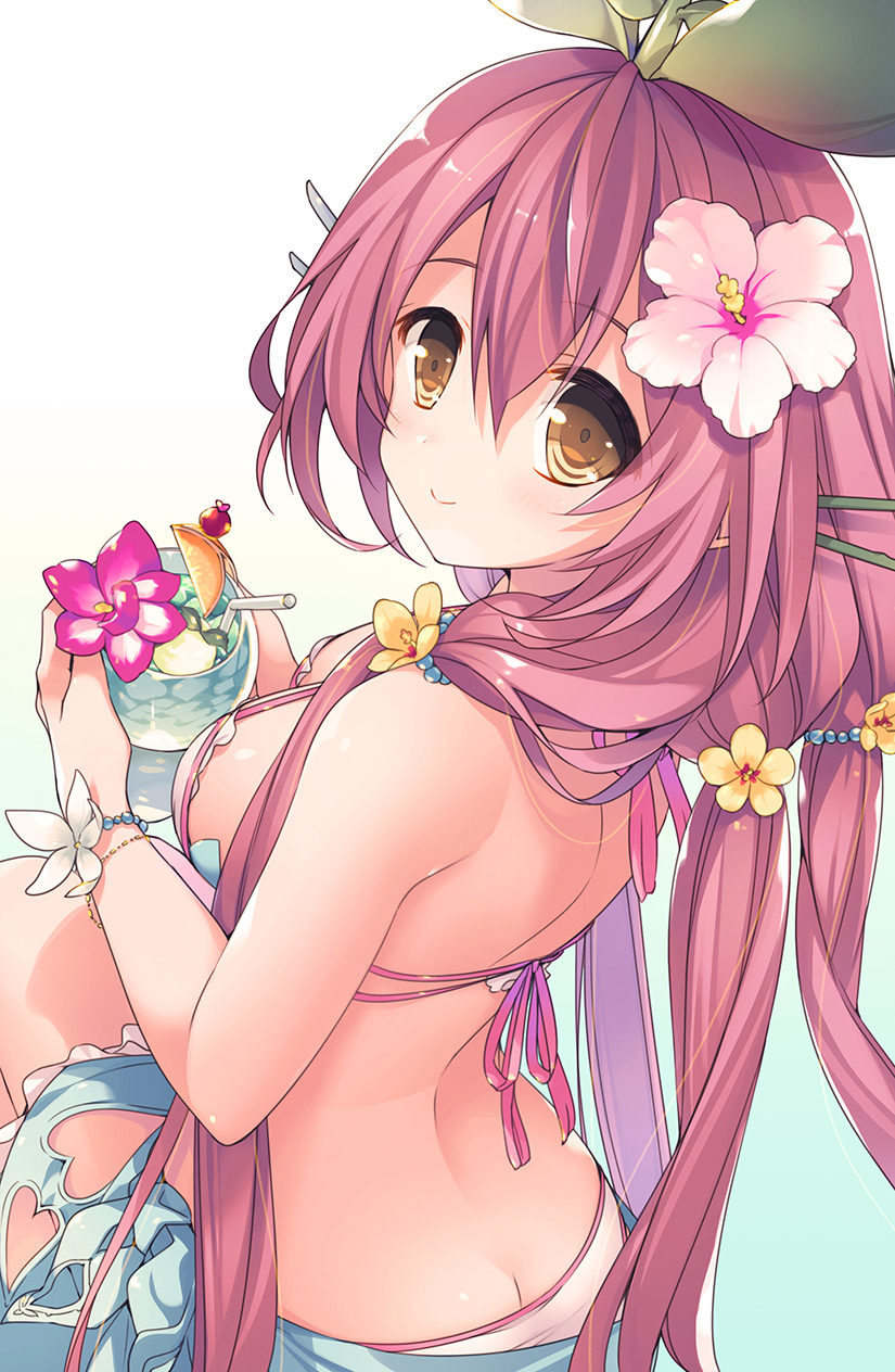 1girl arched_back bare_shoulders bikini blush breasts butt_crack cleavage collarbone commentary_request granblue_fantasy hair_between_eyes hair_ornament highres large_breasts leaf long_hair looking_at_viewer low_twintails mizuno_(suisuiw) open_mouth pink_bikini pink_hair plant_girl pointy_ears sarong sitting smile solo swimsuit twintails very_long_hair yggdrasil_(granblue_fantasy)