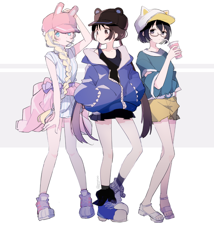 3girls alternate_costume animal_hat aqua_shirt asobi_asobase baseball_cap bear_hat belt black_eyes black_hair black_skirt blonde_hair blue_eyes blue_hoodie blush braid brown_eyes brown_hair brown_hat bunny_hat captain_yue cat_hat dress full_body hair_between_eyes hands_in_pockets hat hat_with_ears honda_hanako long_hair looking_at_another low_twintails multiple_girls nomura_kasumi olivia_(asobi_asobase) pink_hat pleated_skirt shirt shoes short_hair shorts single_braid skirt sneakers standing striped t-shirt twintails twitter_username vertical-striped_dress vertical_stripes yellow_shorts