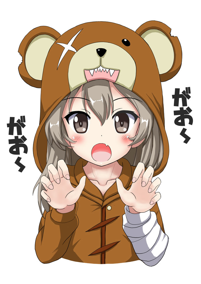1girl animal_costume bandage bangs bear_costume black_ribbon boko_(girls_und_panzer) brown_eyes claw_pose commentary_request fang flipper girls_und_panzer hair_ribbon light_brown_hair long_hair looking_at_viewer open_mouth pajamas ribbon scar scar_across_eye shimada_arisu simple_background solo standing stuffed_animal stuffed_toy teddy_bear upper_body white_background