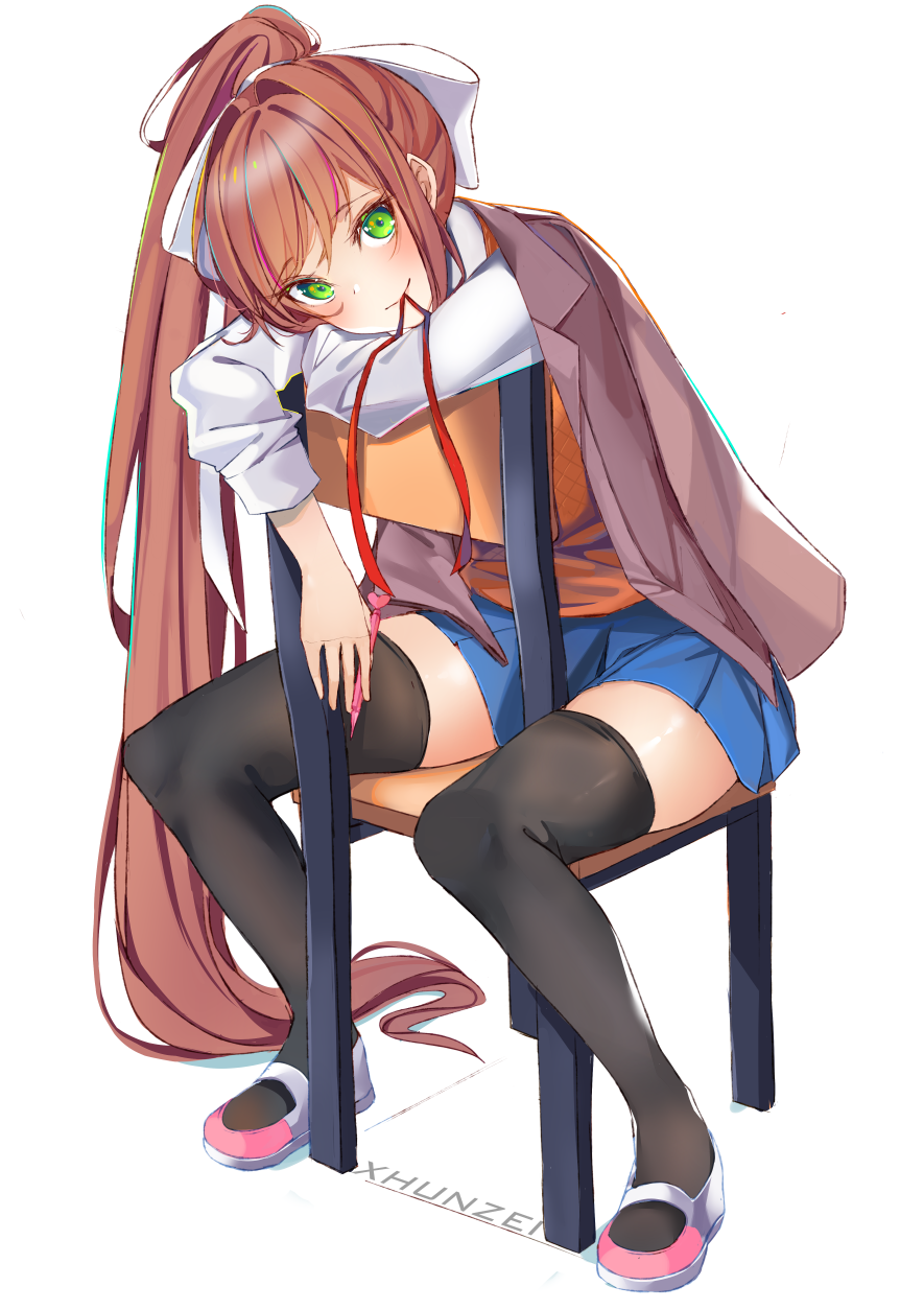 1girl artist_name bangs black_legwear blue_skirt blush bow brown_hair chair doki_doki_literature_club green_eyes hair_bow hair_ribbon highres long_hair looking_at_viewer monika_(doki_doki_literature_club) mouth_hold pen ponytail ribbon school_uniform sidelocks sitting skirt smile solo thigh-highs very_long_hair white_bow white_ribbon xhunzei