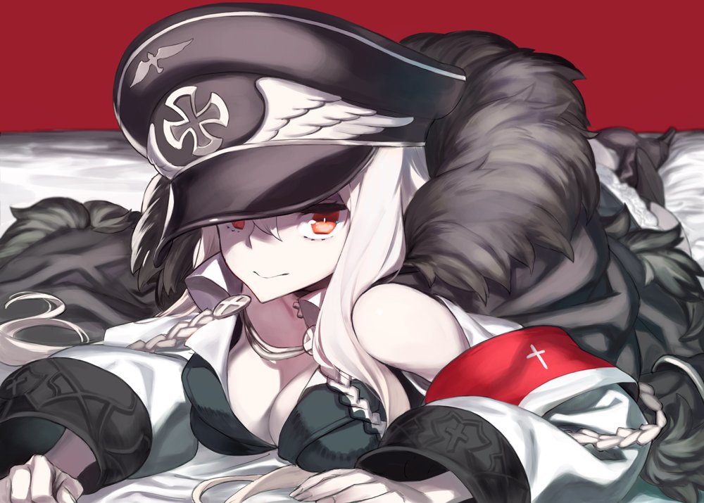 92m ass bare_shoulders black_panties blurry blurry_background boots breasts bright_pupils cleavage closed_mouth depth_of_field dress fur_trim girls_frontline hair_between_eyes hat high_heel_boots high_heels kar98k_(girls_frontline) long_hair looking_at_viewer lying medium_breasts military_hat on_stomach pale_skin panties peaked_cap red_eyes short_dress sidelocks smile underwear white_hair white_pupils