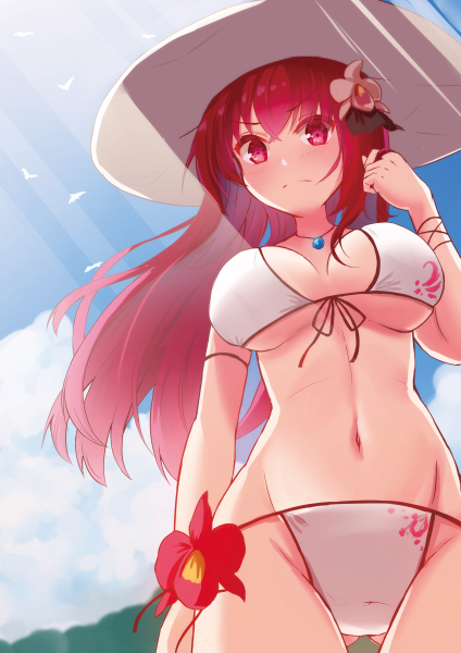 1girl bikini breasts cattleya_(flower_knight_girl) closed_mouth clouds flower flower_knight_girl front-tie_bikini front-tie_top furrowed_eyebrows gluteal_fold hair_flower hair_ornament hat jewelry kusumoto_miya large_breasts long_hair looking_at_viewer navel necklace outdoors red_eyes redhead sky solo summer sun_hat swimsuit white_bikini white_hat