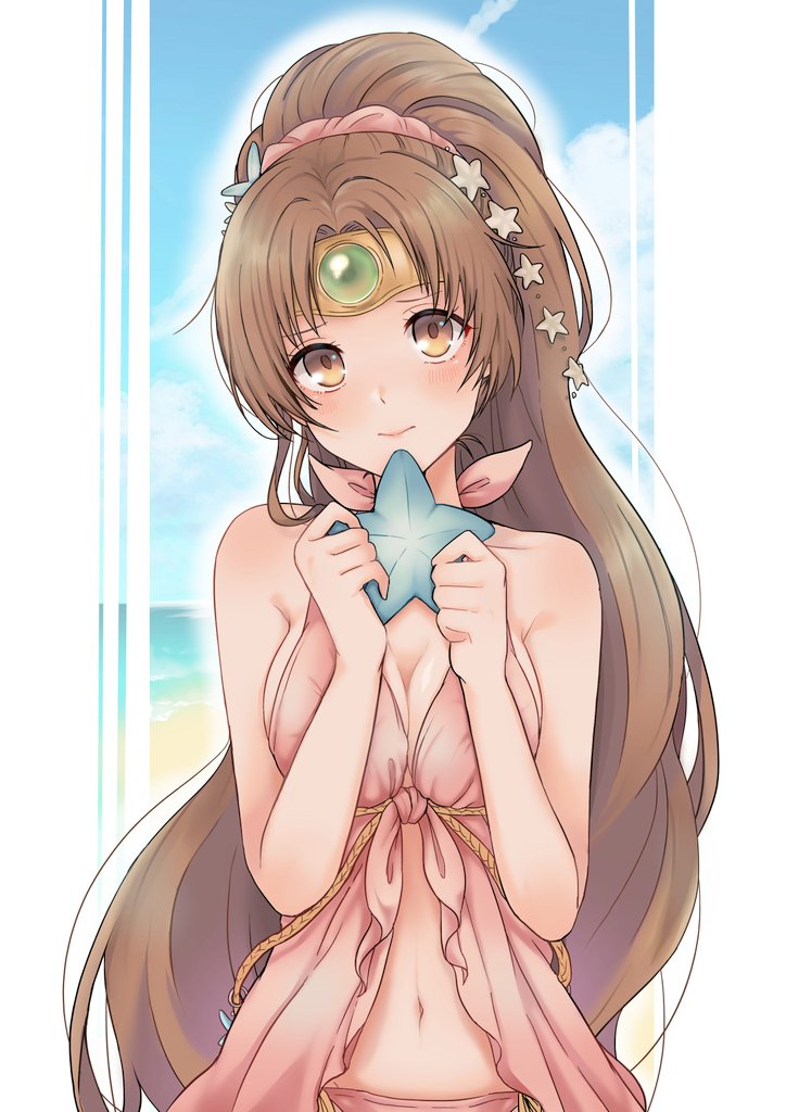 1girl akina_(akn_646) bikini blue_sky blush breasts brown_eyes brown_hair circlet cleavage closed_mouth clouds day fire_emblem fire_emblem:_mystery_of_the_emblem fire_emblem_heroes holding linda_(fire_emblem) long_hair medium_breasts navel pink_bikini ponytail sky solo starfish swimsuit