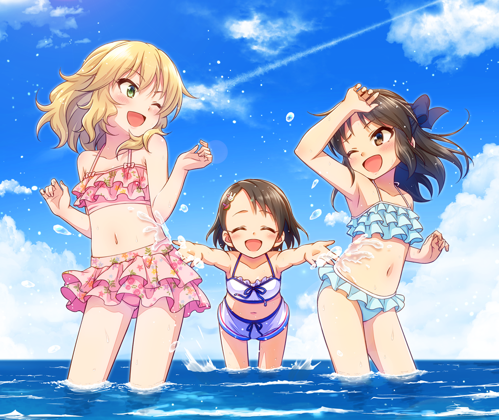 3girls bikini black_eyes black_hair blonde_hair blue_bow bow brown_eyes bunny_hair_ornament closed_eyes commentary_request flat_chest frilled_bikini frills green_eyes hair_ornament half_updo idolmaster idolmaster_cinderella_girls long_hair multiple_girls naoharu_(re_barna) ocean one_eye_closed open_mouth sakurai_momoka sasaki_chie short_hair swimsuit tachibana_arisu wavy_hair