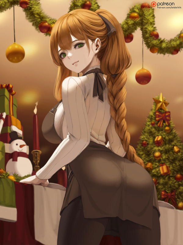 1girl alternate_costume alternate_hairstyle apron ass bangs black_legwear black_ribbon blush braid breasts brown_hair christmas christmas_tree closed_mouth from_behind girls_frontline green_eyes hair_between_eyes hair_ribbon large_breasts letdie1414 long_hair looking_at_viewer m1903_springfield_(girls_frontline) pantyhose patreon_username ribbed_sweater ribbon sidelocks single_braid smile solo sweater tareme turtleneck turtleneck_sweater white_sweater