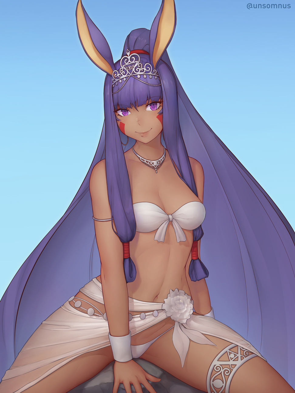 1girl animal_ears bikini breasts cleavage highres long_hair looking_at_viewer nitocris_(fate/grand_order) nitocris_(swimsuit_assassin)_(fate) purple_hair smile solo swimsuit unsomnus very_long_hair violet_eyes white_bikini