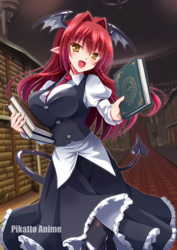 1girl between_breasts black_dress book bookshelf boots breasts commentary_request demon_girl demon_tail demon_wings dress eyebrows_visible_through_hair hair_between_eyes holding holding_book indoors knee_boots koakuma large_breasts library long_hair looking_at_viewer necktie necktie_between_breasts open_mouth outstretched_arm pantyhose pointy_ears red_neckwear redhead shirt smile solo tail touhou white_shirt wings yamu_(reverse_noise) yellow_eyes