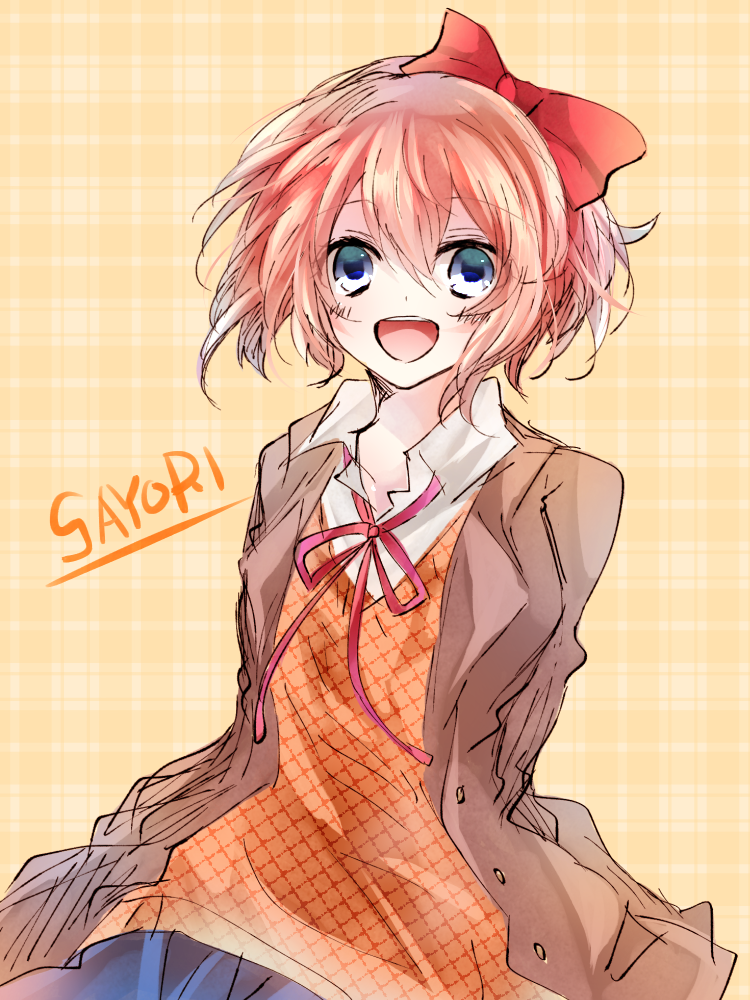 1girl :d arms_behind_back blue_eyes bow character_name doki_doki_literature_club eyebrows_visible_through_hair hair_between_eyes hair_bow jacket looking_at_viewer negi_(ngng_9) open_clothes open_jacket open_mouth orange_vest pink_hair plaid plaid_background red_bow sayori_(doki_doki_literature_club) school_uniform shirt short_hair smile solo white_shirt