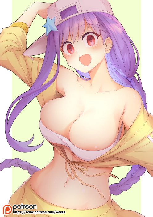 1girl :d arm_up bandeau bare_shoulders bb_(fate/extra_ccc) braid breasts collarbone empty_eyes eyebrows_visible_through_hair fate/grand_order fate_(series) flat_cap hat large_breasts long_hair navel open_mouth patreon_logo patreon_username purple_hair red_eyes sideways_hat simple_background smile solo star stomach upper_body very_long_hair waero white_hat