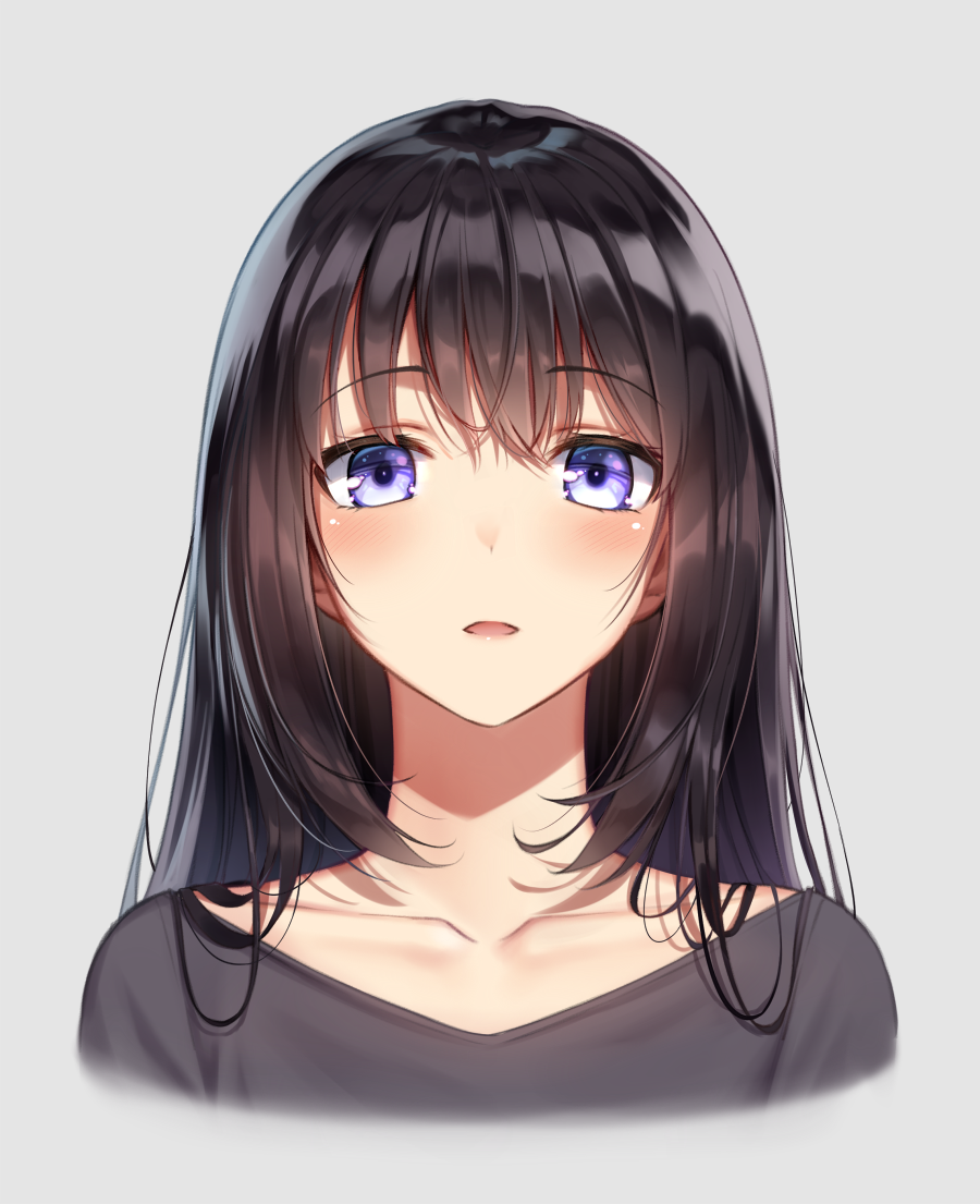 1girl bangs blush brown_hair collarbone commentary_request eyebrows_visible_through_hair grey_background grey_shirt hair_between_eyes long_hair looking_at_viewer original parted_lips portrait shirt simple_background solo superpig violet_eyes