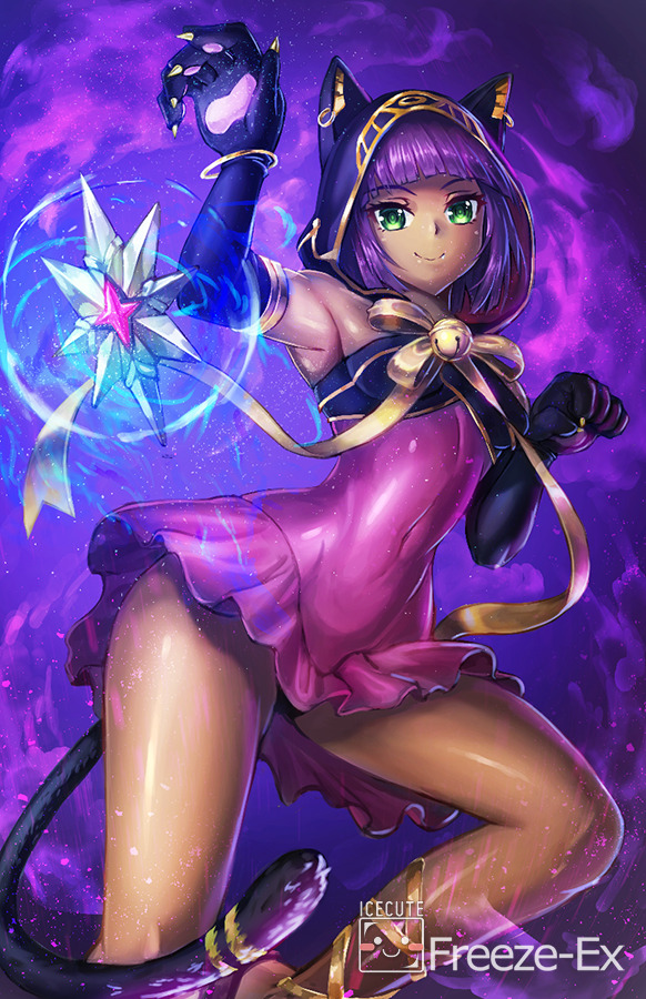 1girl alternate_costume animal_hood armpits bangle bangs bell black_gloves blunt_bangs bracelet breasts cat_hood cat_tail commentary covered_navel dark_skin dress earrings elbow_gloves english_commentary evolution_championship_series freeze-ex gloves green_eyes hood jewelry jingle_bell menat paw_gloves paw_pose paws pink_dress purple_hair short_dress short_hair skin_tight small_breasts smile solo street_fighter street_fighter_v tail thighs