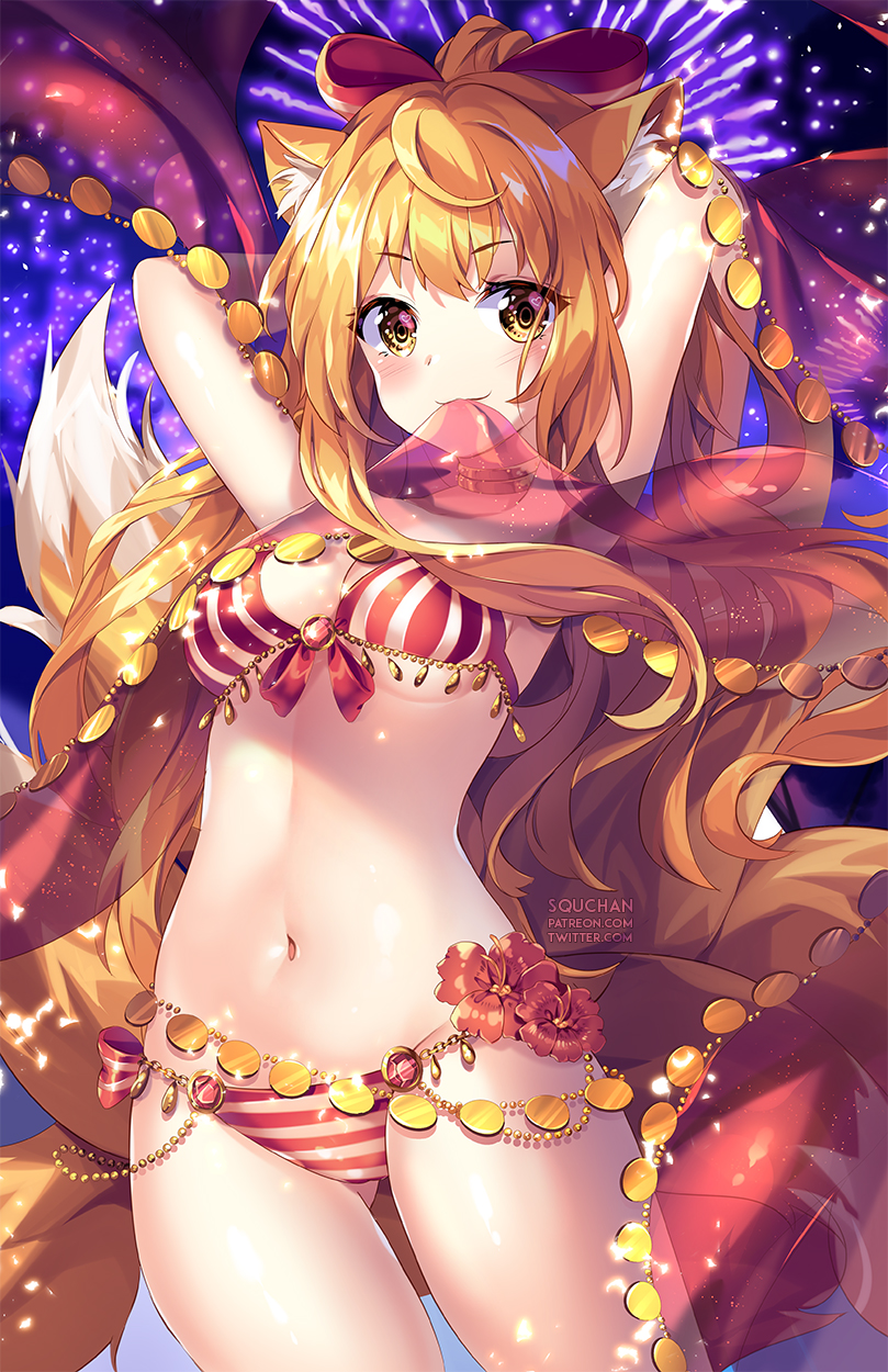 1girl aerial_fireworks animal_ears arms_up artist_name bangs bikini blush breasts brown_eyes brown_hair closed_mouth collarbone commentary dancer english_commentary eyebrows_visible_through_hair fireworks flower fox_ears fox_girl fox_tail groin highres kyuubi long_hair looking_at_viewer medium_breasts mouth_hold multiple_tails navel night night_sky original red_flower see-through sidelocks sky smile solo squchan striped striped_bikini_bottom summer swimsuit tail vertical-striped_bikini_top vertical_stripes very_long_hair watermark web_address