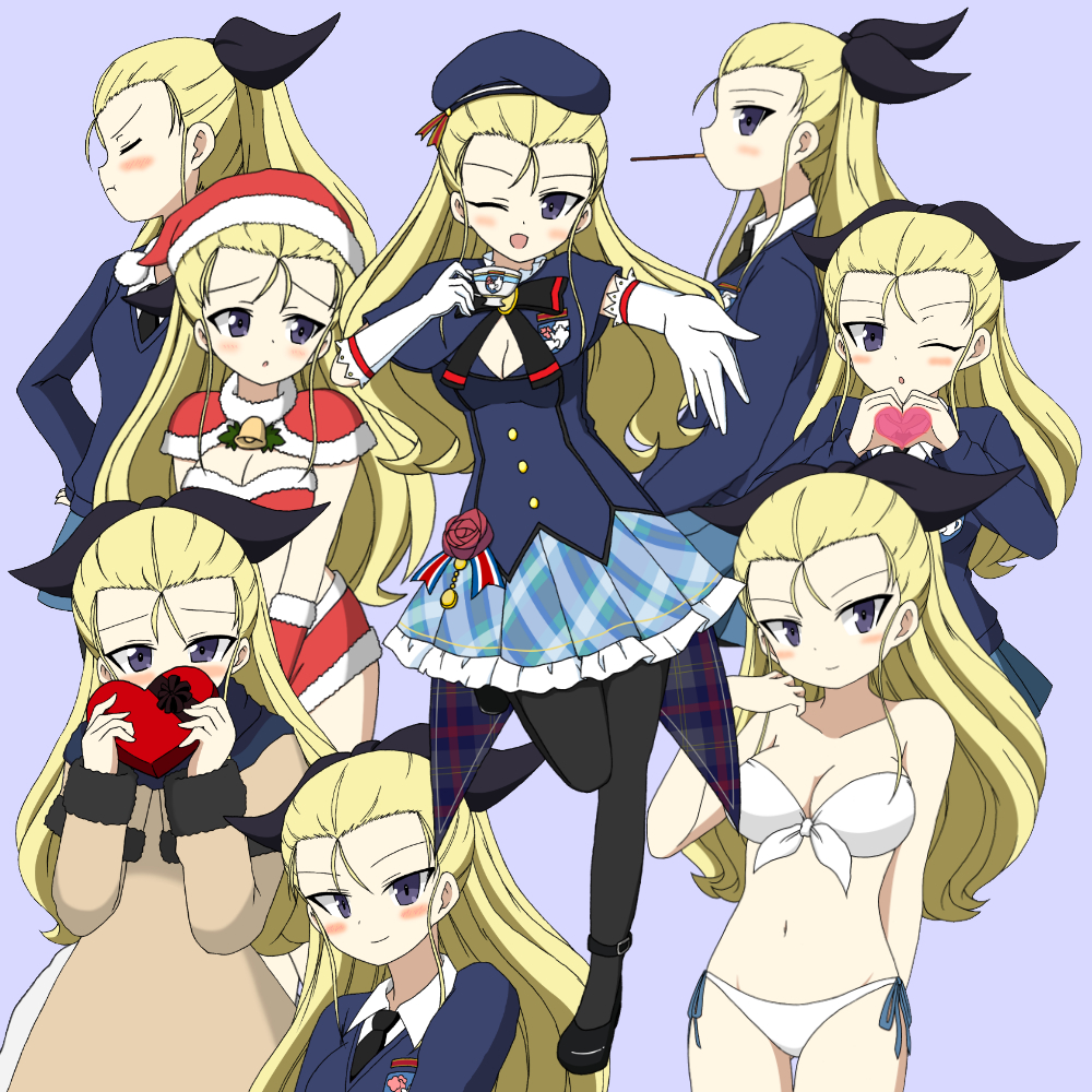 1girl :t ;d ;o adapted_uniform alternate_costume arm_behind_back ass_visible_through_thighs assam bikini black_footwear black_legwear black_neckwear black_ribbon blonde_hair blue_background blue_capelet blue_eyes blue_skirt blue_sweater blush bow bowtie breasts brown_coat cape capelet cleavage closed_mouth coat commentary_request covering_face cup dress_shirt emblem food frilled_skirt frills from_side front-tie_bikini front-tie_top gift girls_und_panzer gloves hair_ribbon holding holding_cup holding_gift ichinose_jun idol leg_up long_hair long_sleeves looking_at_viewer looking_away medium_breasts microskirt miniskirt navel necktie one_eye_closed open_mouth pantyhose plaid plaid_skirt pleated_skirt pocky pocky_kiss pout reaching_out red_bikini_top red_cape red_gloves red_skirt ribbon santa_costume school_uniform shared_food shirt shoes sitting skirt smile st._gloriana's_(emblem) st._gloriana's_military_uniform st._gloriana's_school_uniform standing standing_on_one_leg sweater swimsuit thigh_gap v-neck valentine white_bikini white_shirt wing_collar