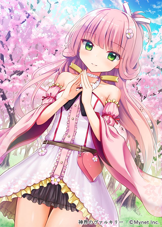 1girl bangs bare_shoulders blue_sky breasts cherry_blossoms clouds detached_sleeves green_eyes heart long_hair looking_at_viewer natsumi official_art outdoors pink_hair shinkai_no_valkyrie sky small_breasts smile solo standing steepled_fingers tree watermark