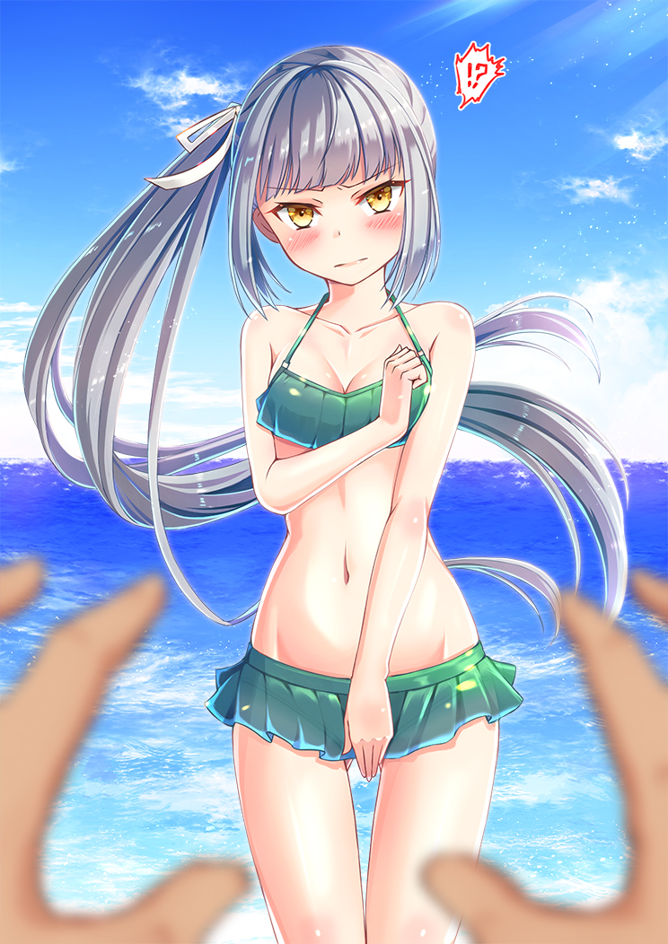 !? 1girl ass_visible_through_thighs bangs beach bikini bikini_skirt blue_bikini blue_sky blush breasts brown_eyes cleavage collarbone covering covering_crotch day embarrassed eyebrows_visible_through_hair floating_hair frilled_bikini frills frown grey_hair groin hair_ribbon head_tilt kantai_collection kasumi_(kantai_collection) light_particles long_hair looking_at_viewer navel ocean outdoors pov pov_hands r-choco remodel_(kantai_collection) ribbon sand side_ponytail sidelocks sky small_breasts solo stomach swimsuit thighs tsundere