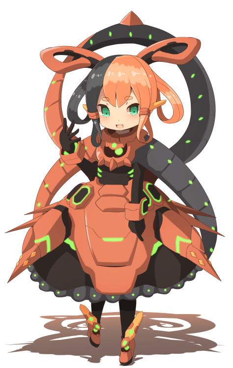 1girl :d bangs commentary_request dragon_girl eyebrows_visible_through_hair full_body garoudo_(kadouhan'i) genderswap genderswap_(mtf) green_eyes hair_rings looking_at_viewer multicolored_hair open_mouth parted_bangs personification short_eyebrows smile solo thick_eyebrows topologic_bomber_dragon two-tone_hair yuu-gi-ou yuu-gi-ou_vrains