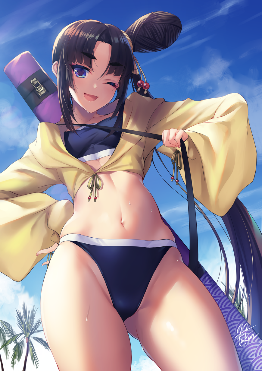 1girl :d bikini black_hair blue_bikini blue_eyes breasts clouds cloudy_sky commentary_request eyebrows_visible_through_hair fate/grand_order fate_(series) fukai_ryousuke hair_bun hair_ornament hand_on_hip highres jacket long_hair looking_at_viewer navel one_eye_closed open_mouth side_ponytail sky small_breasts smile solo swimsuit thick_eyebrows tree ushiwakamaru_(fate/grand_order) ushiwakamaru_(swimsuit_assassin)_(fate) very_long_hair wet